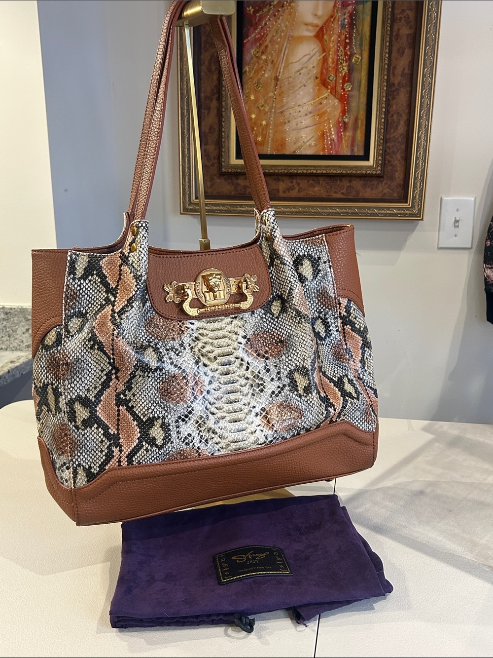 Sharif Rust Pebbled Leather Snake-Print Tote Rose Gold Logo 13.25”x 4”x 11” EUC